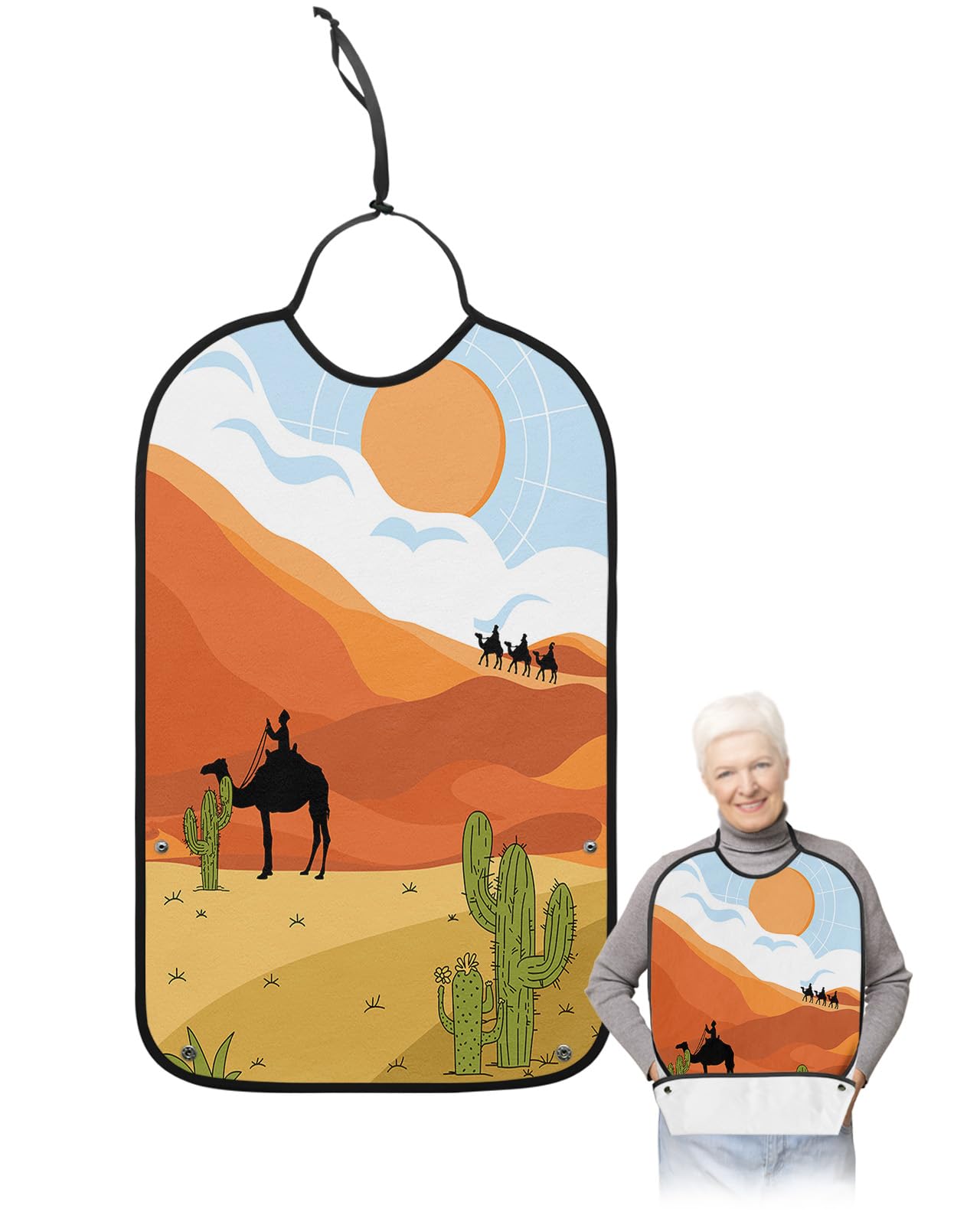 Desert Cactus Adult Bib for Eating with Crumb Catcher,Washable & Waterproof Terry Cloth Adjustable Elderly Women Men Adult Bibs Funny Apron Clothing Protector Cartoon Mountain Sun Cloud Blue Sky