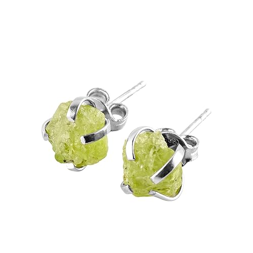 Raw Peridot Earrings for Women 925 Sterling Silver Rough Crystal Gemstone Prong Stud August Birthstone Handmade Jewelry Gifts for Her, Stud Earrings