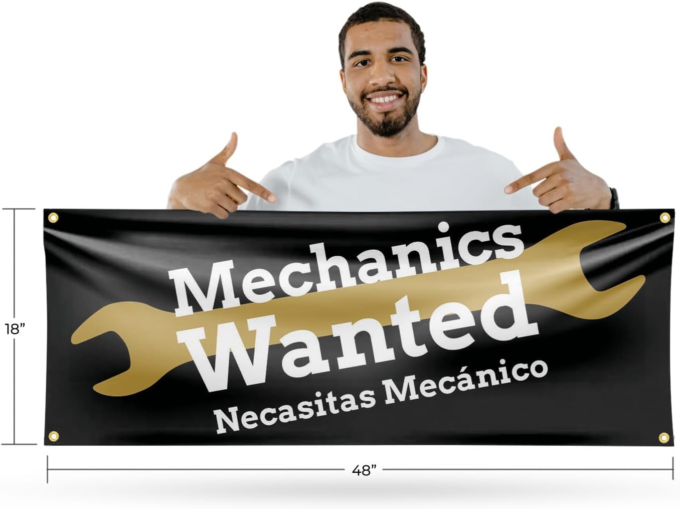 Mechanics Wanted English Spanish Banner Sign 18 Inch x 48 Inch | 13 oz Vinyl with Metal Grommets | Heavy-Duty Single-Sided Outdoor Durable Printed High-Quality Weatherproof | Made in the USA