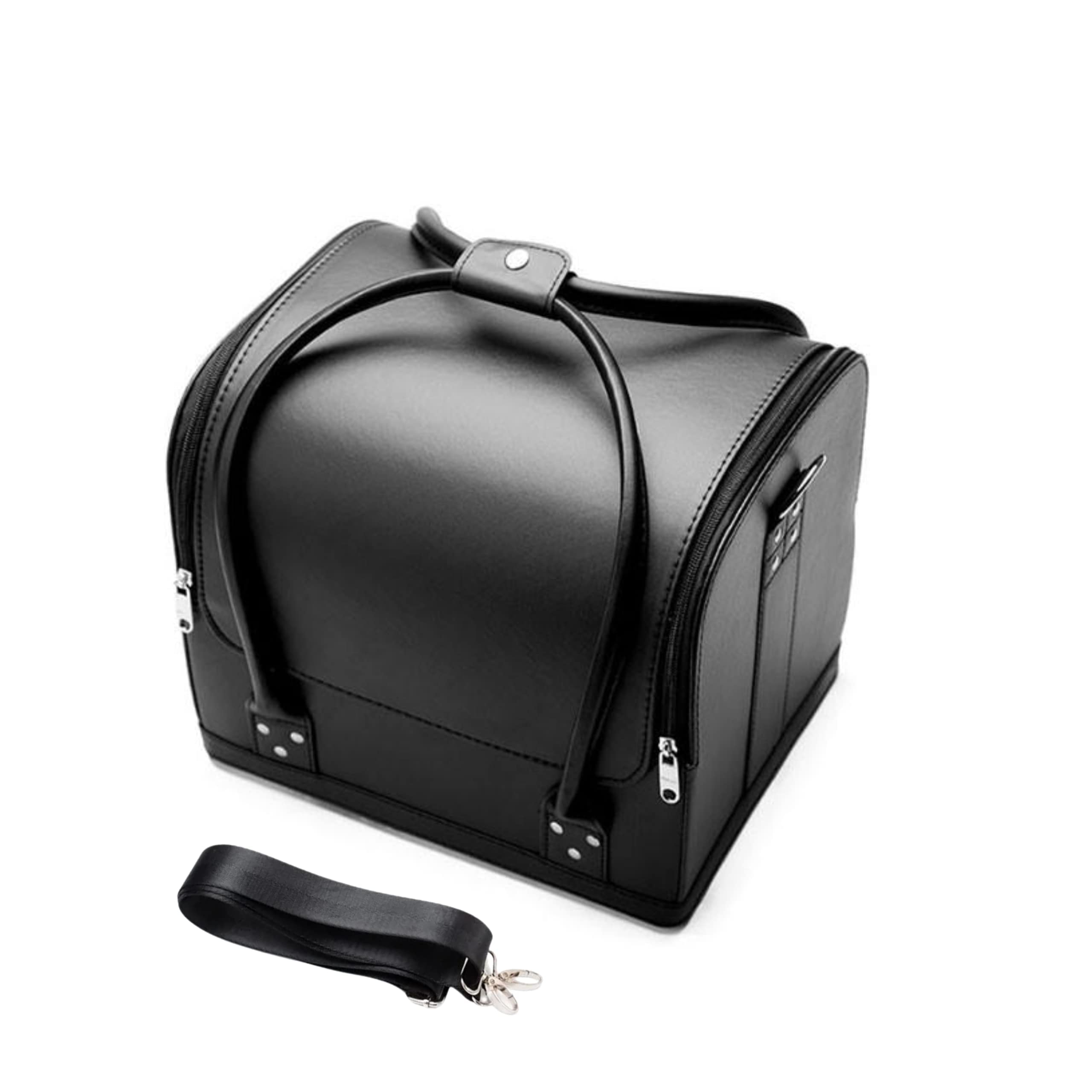 royalkart Pvc Professional Beauty Make Up Case Nail Cosmetic Box Vanity Case | Travel Cosmetic Organizer Bag (Plain Black)