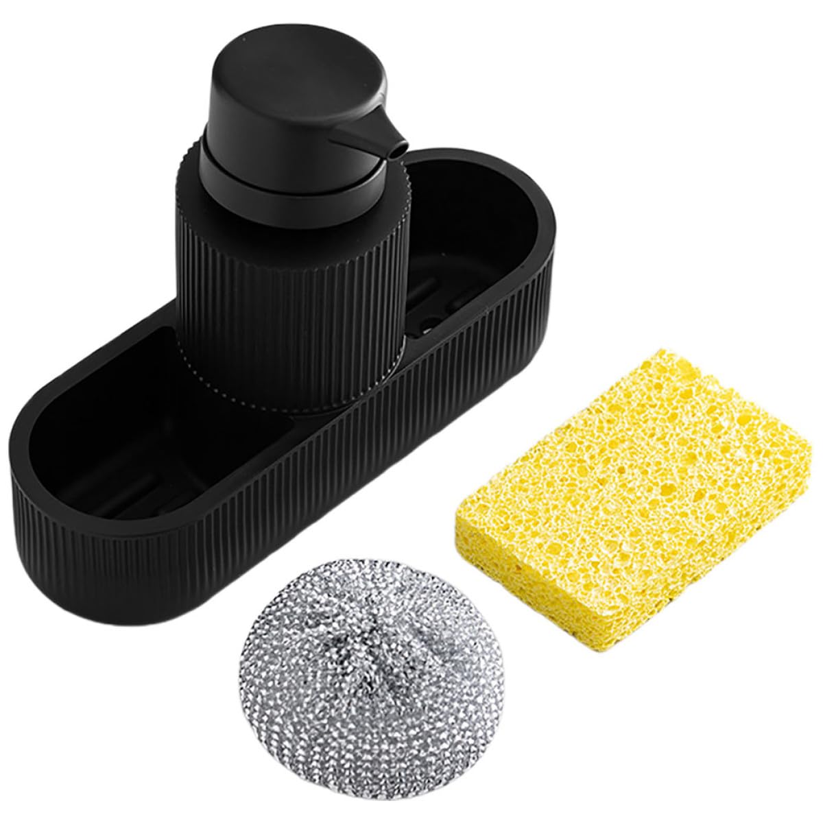 Dispenser di Sapone da Cucina Nero Porta Spugna Integrato, Erogatore a Pompa per Lavaggio a Mano, Set Ricaricabile per Detersivo Piatti e Organizzatore Lavello Cucina