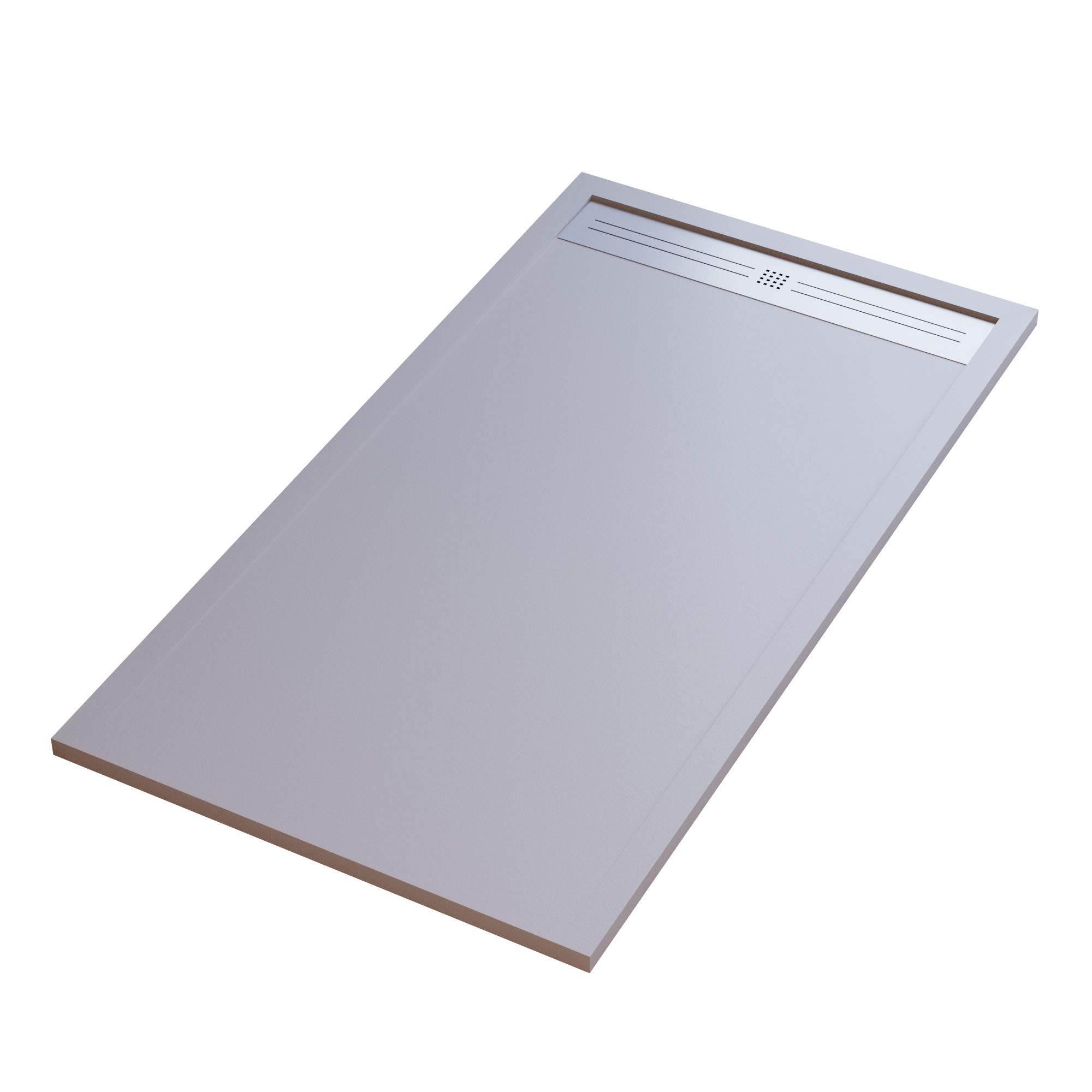 Plato de ducha Mineralmármol efecto piedra pizarra – Modelo Moon – mármol de resina con gel – Rejilla lateral de acero inoxidable – Color gris claro – 80 x 120 cm