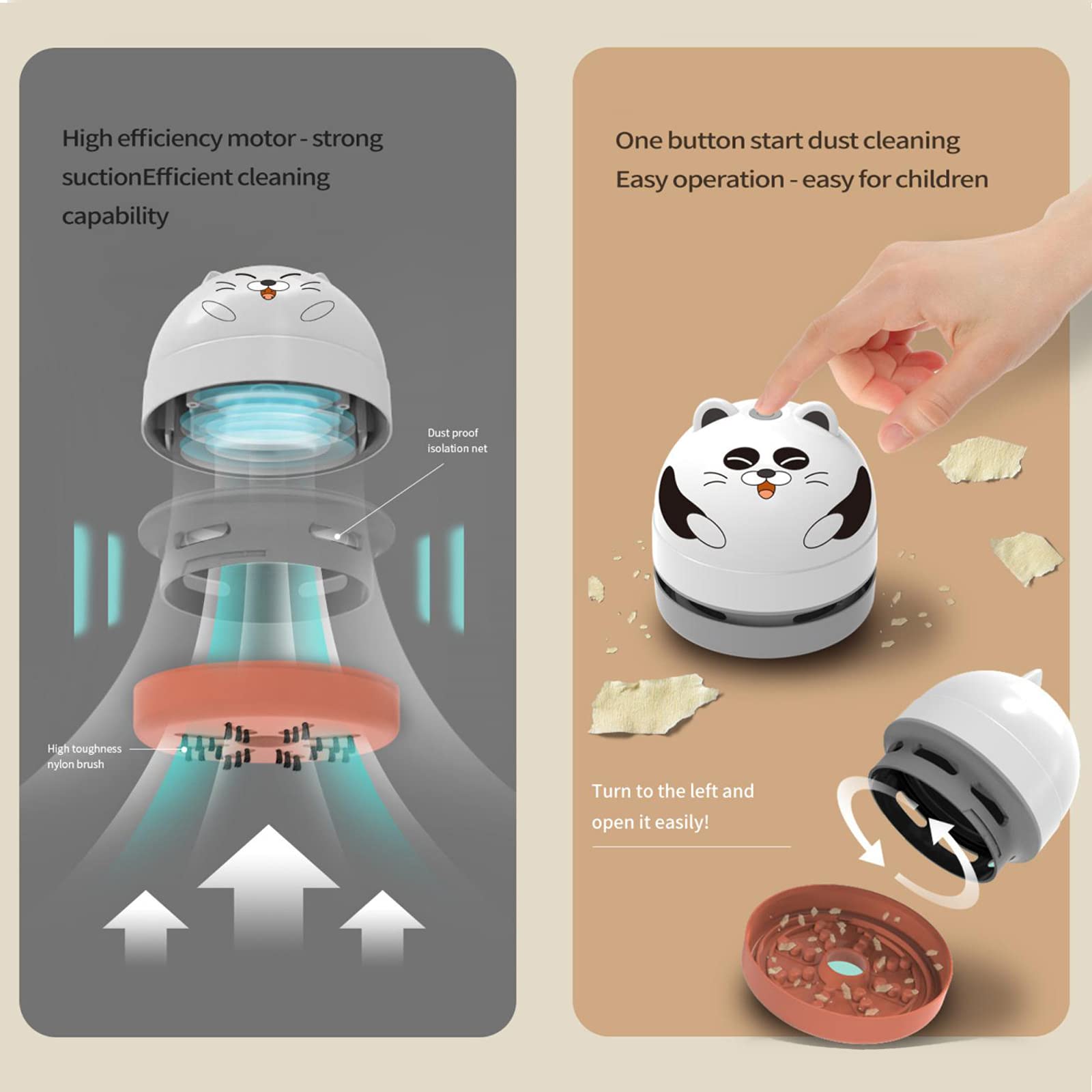 Mini Carino Animale Aspirapolvere da Tavolo, Cordless e Spazzatrice da Tavolo Girevole a 360° per Casa, Ufficio, Tastiera, Polvere per la Pulizia, Briciole,Cat