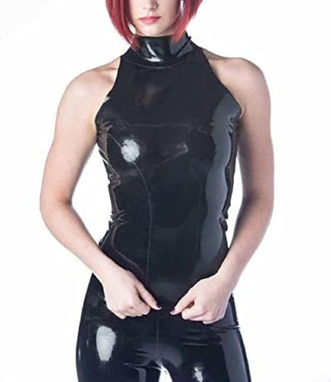 Sexy Women's Including Tight Vest and Leggings Made from 0.4 Mm Thick Natural Latex Material in Plain Black Colour,Custom Colour,XL