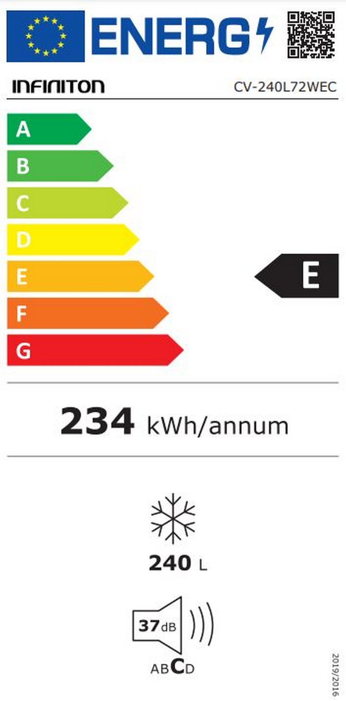 Infiniton Congelatore Verticale Una Porta CV-240L72WEC, E, 172 cm di Altezza, 240 Litri, No Frost Totale, Porta Reversibile, Illuminazione a LED per interni