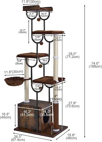 FourFurPets Arbre à Chat Bois 188 cm, Arbre à Chat avec Griffoir et 5 Poteaux Griffoir Chat, Tour Moderne avec Condo, Panier et Peigne de Massage pour Grands Chats, Stable et Design (Marron Rustique) - 5