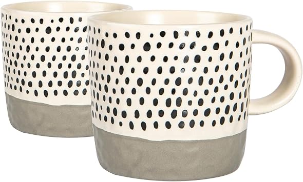Nicola Spring Ceramic Coffee Mugs Set - 385ml - 2pc Grey Dipped Dots Stoneware Coffee Cups Dishwasher & Microwave Safe Large Tea Mugs for Hot Drinks, Hot Chocolate, Tea