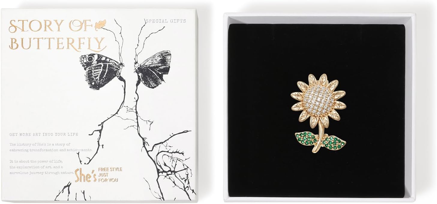 Vintage Brooch Pin for Women 0.9*0.6 inch Gold Crystal Rhinestone Brooch Sunflower Lapel Pin Baroque Pearl Bouquet Four-leaf Clover pins and brooches jewelry, SHE'S FREE STYLE JUST FOR YOU Metal Plating Process Safety pins (Sunflower)