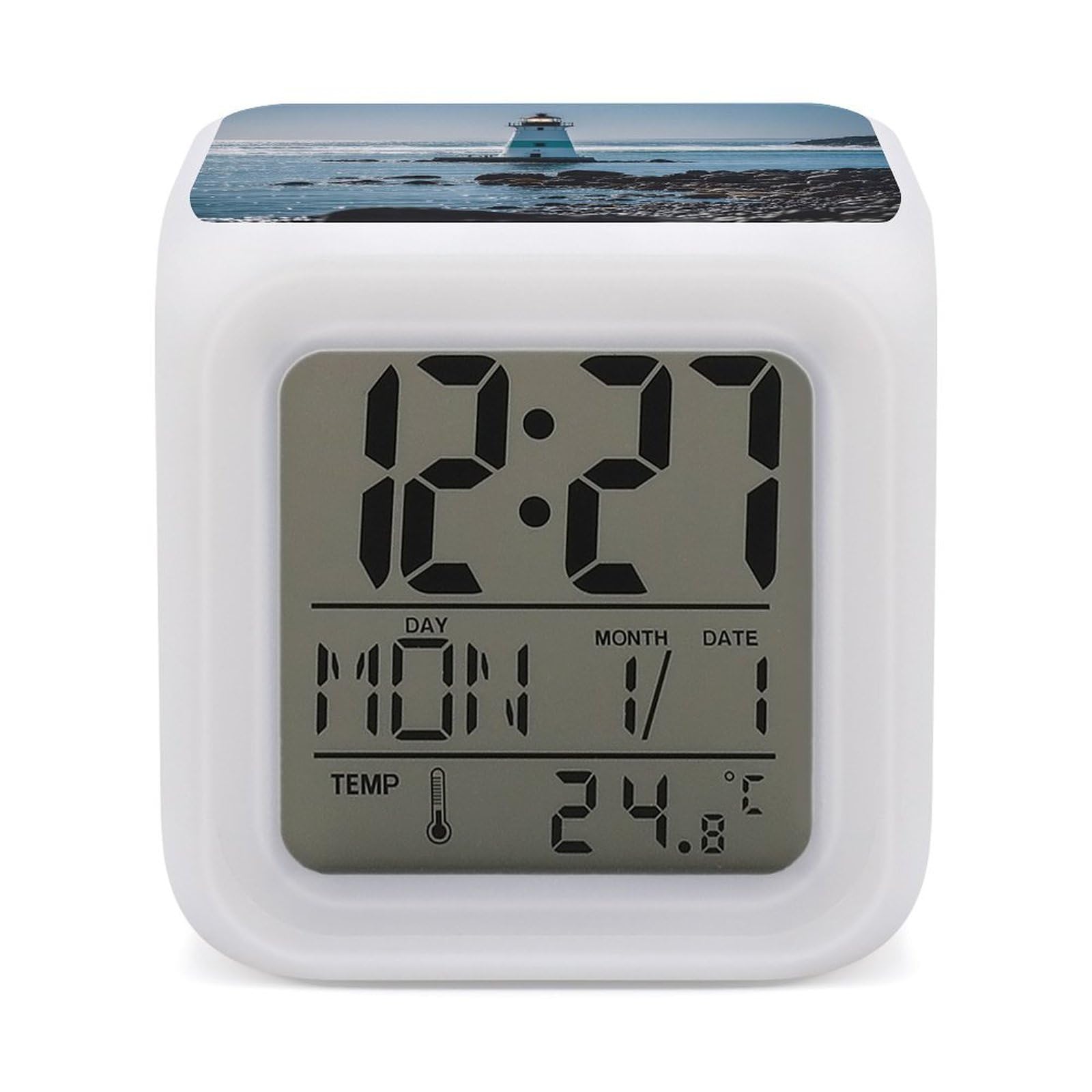 LZQPOEAS Lighthouse Ocean Alarm Clock Desk Clock with 7 Color Changing Night Light Digital Clocks with Temperature Display Sleep Training and Sound Machine for Heavy Sleeper