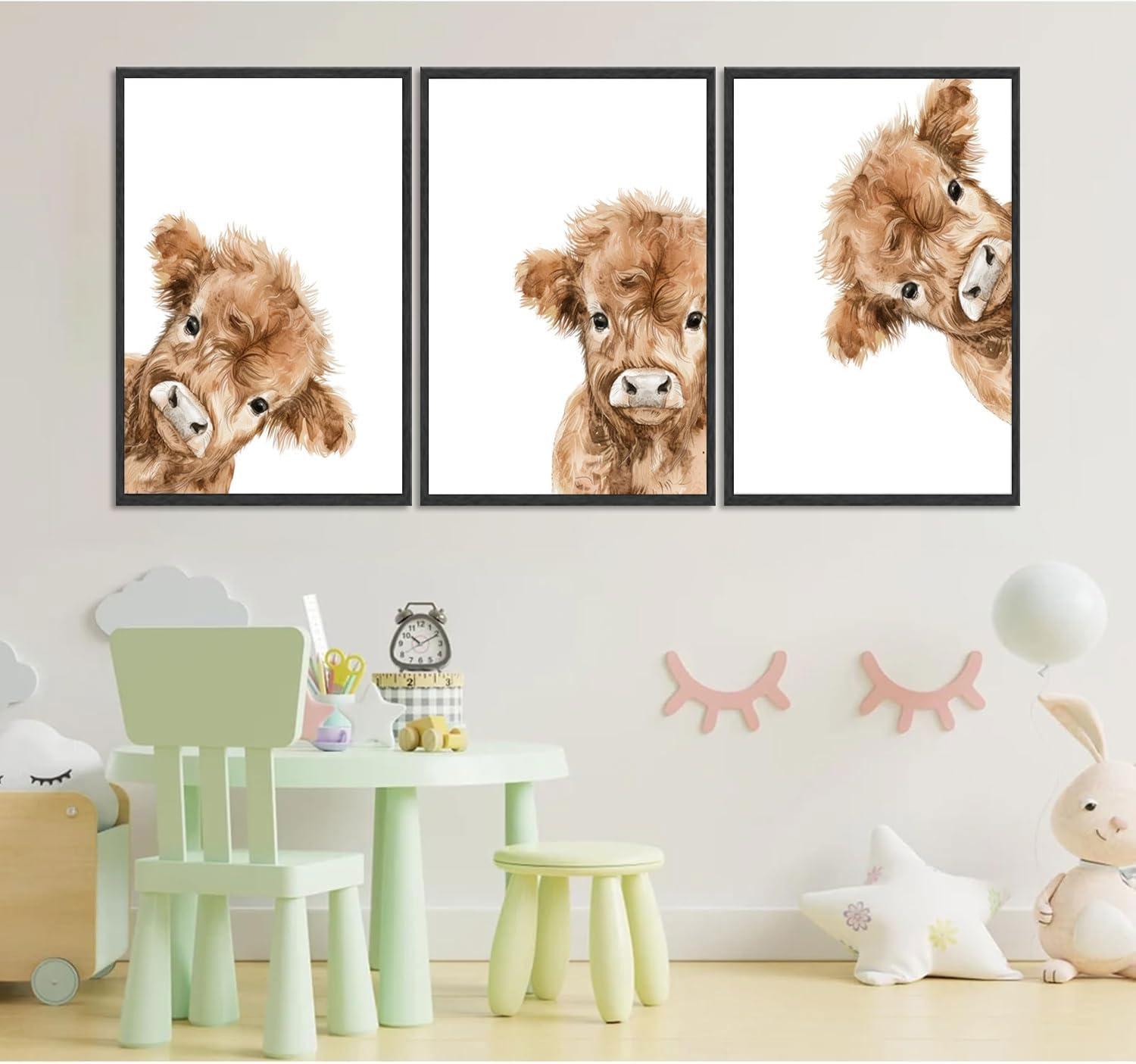 3Pcs Highland Cow Baby Canvas Wall Art Brown Peeping Highland Cattle Wall Decor Pictures Cute and Funny Animals Posters Prints for Nursery Children's Room Bathroom Artwork Home Decoration Unframed