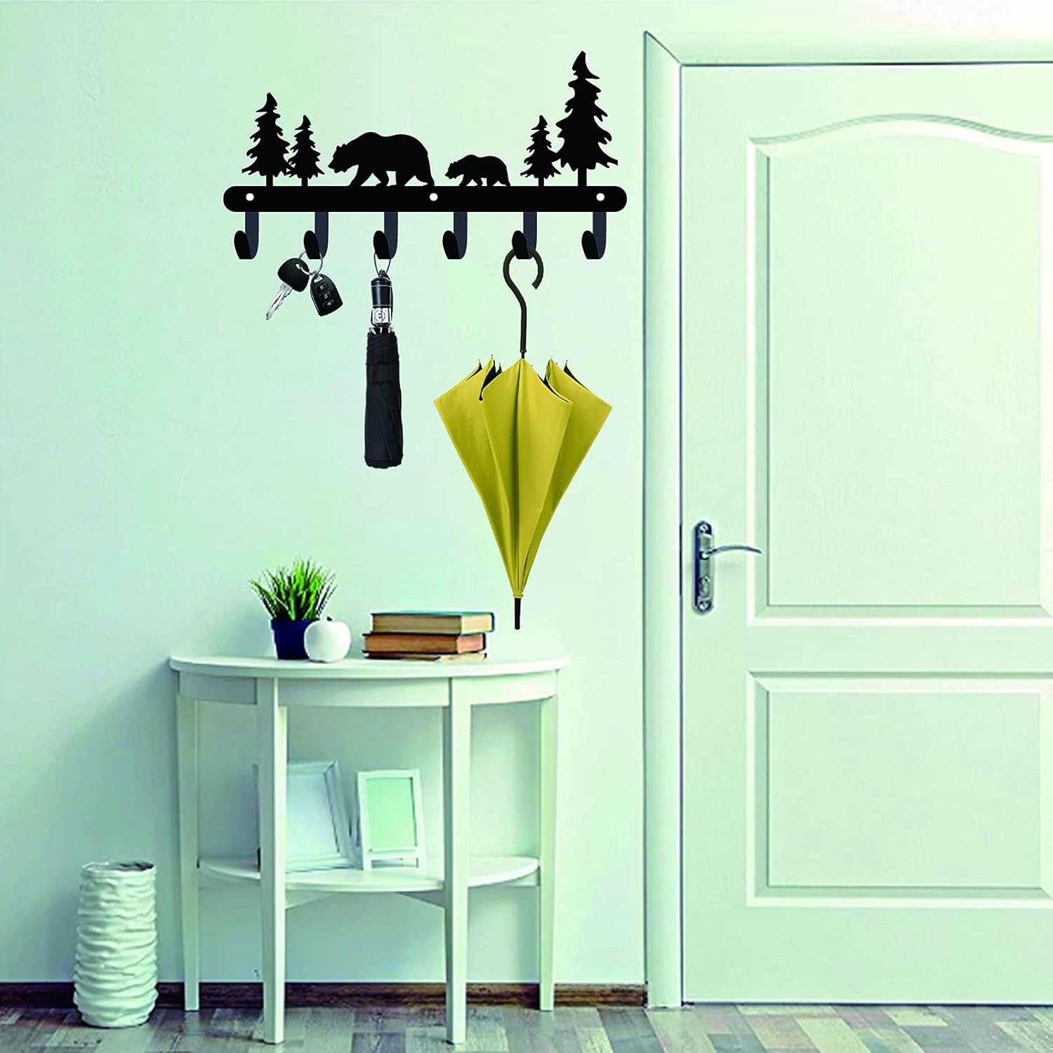 CREATCABIN Bear Key Holder Decorative Hooks Large-13.8" x 4" Wall Mounted Metal Key Hooks Towel Hat Racks with 6 Hooks Bear Tree Forest Design Iron Key Hanger for Wall, Bathroom, Kitchen, Entryway