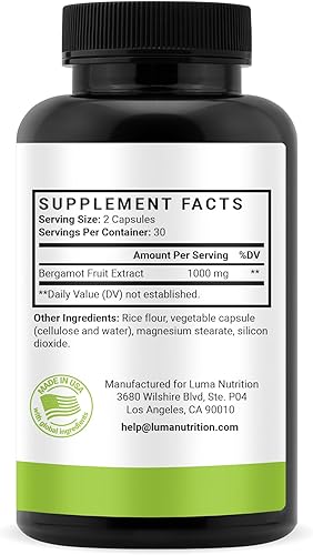 Miniatura 8 de Luma Nutrition Citrus Bergamota 1000mg - Suplemento de bergamota cítrica - Hecho en los Estados Unidos - Propiedad de veteranos - 60 cápsulas