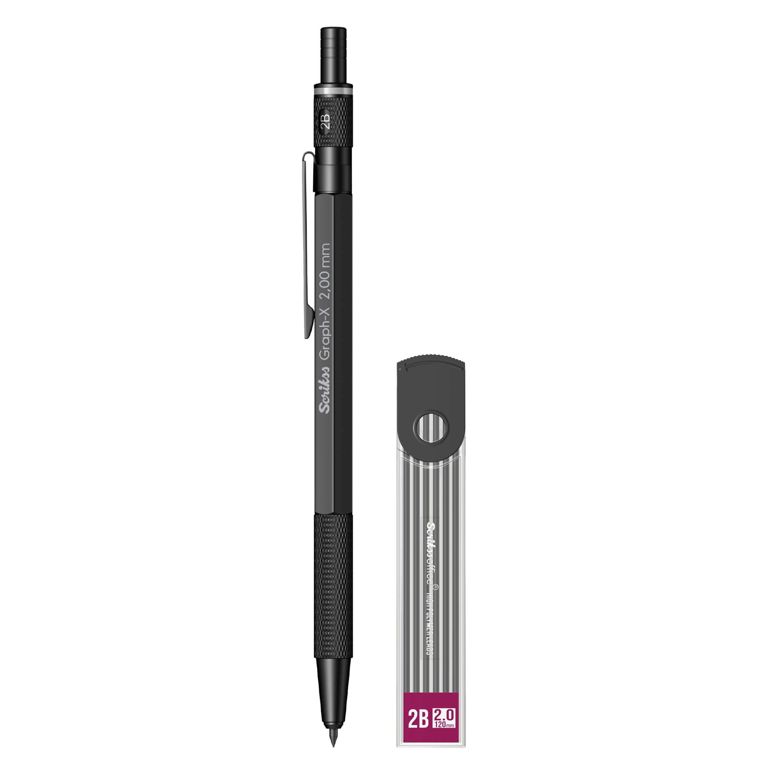 Scrikss 2.0mm Mechanical Clutch Lead Pen Pencil Matt Black Body Graph-X Series Mini Removable Sharpener Includes 12 Leads 2B