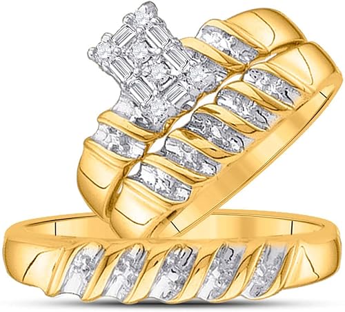 Juego de 3 anillos de compromiso de matrimonio a juego de 3 anillos de compromiso para hombres y mujeres de dos tonos amarillo y blanco de 10