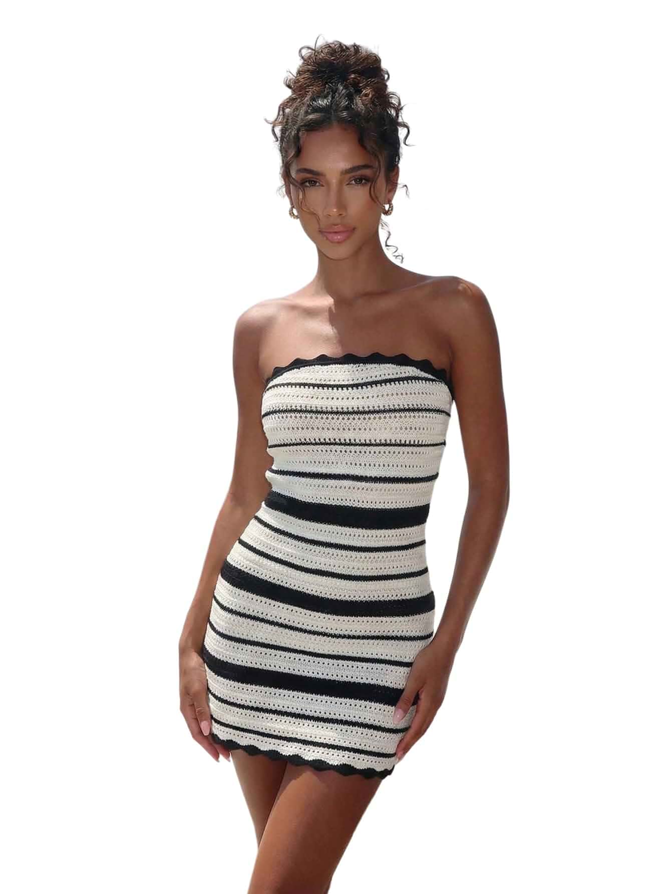 winkbay Women's Crochet Striped Tube Top Strapless Bodycon Mini Dresses | Hollow Out, Beach, Party, Summer, Vacation