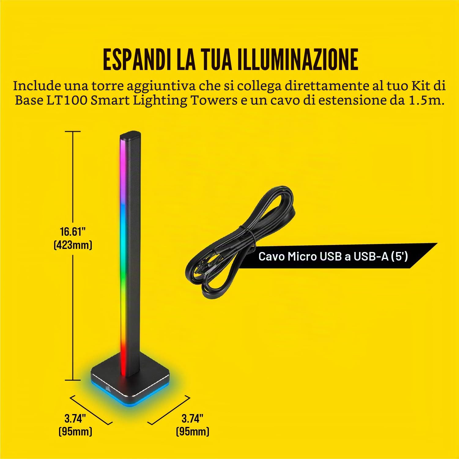 Corsair iCUE LT100 Kit di Espansione per Torre Luminosa Smart, Una torre di 422 mm, Dotata di 46 LED Personalizzabili, Diffusione della Luce Integrata, Supporto per Cuffia Rimovibile, Nero