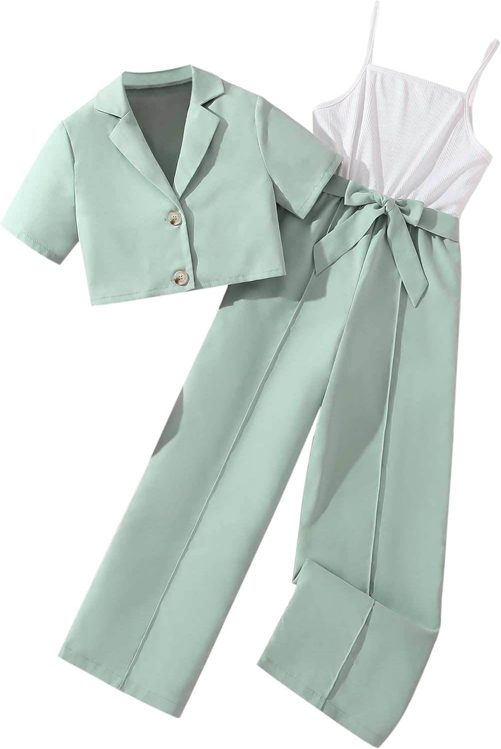 Hilinker Girl's 2 Piece Outfits Short Sleeve Blazer and Belted Sleeveless Jumpsuit Sets