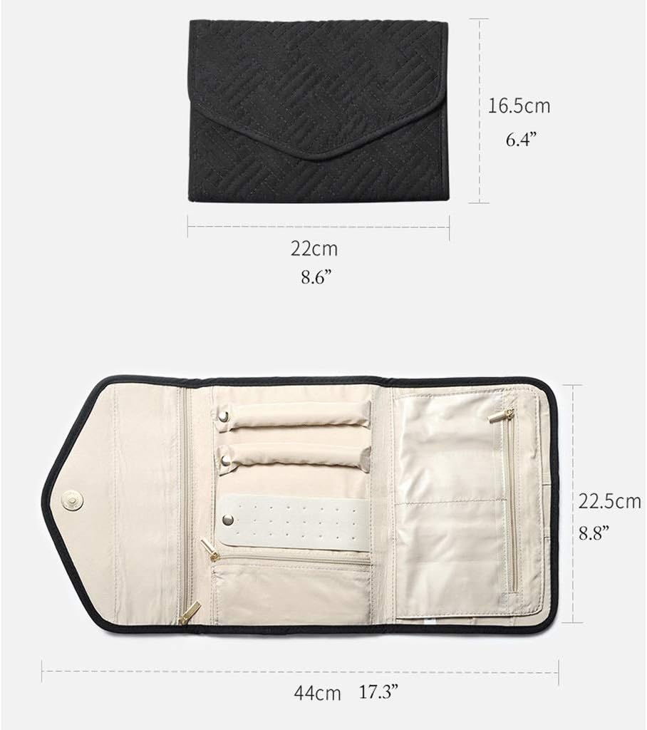 RWCCCRWS Jewelry Box Jewelry Box Black Jewelry Organizer Bag Foldable Travel Jewelry Roll Case with Zipper Pocket Compartments Storage Bag for Women Jewelry case Organizer (Color : Black)