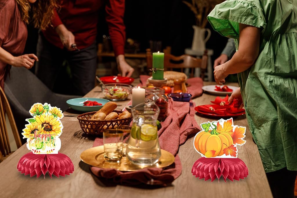 Happy Fall Table Honeycomb Centerpieces, Autumn 3D Honeycomb Centerpieces Topper Harvest Scarecrow Truck Pumpkin Sunflower Sign Autumn Party Deocrations for Thanksgiving Party Favors Supplies