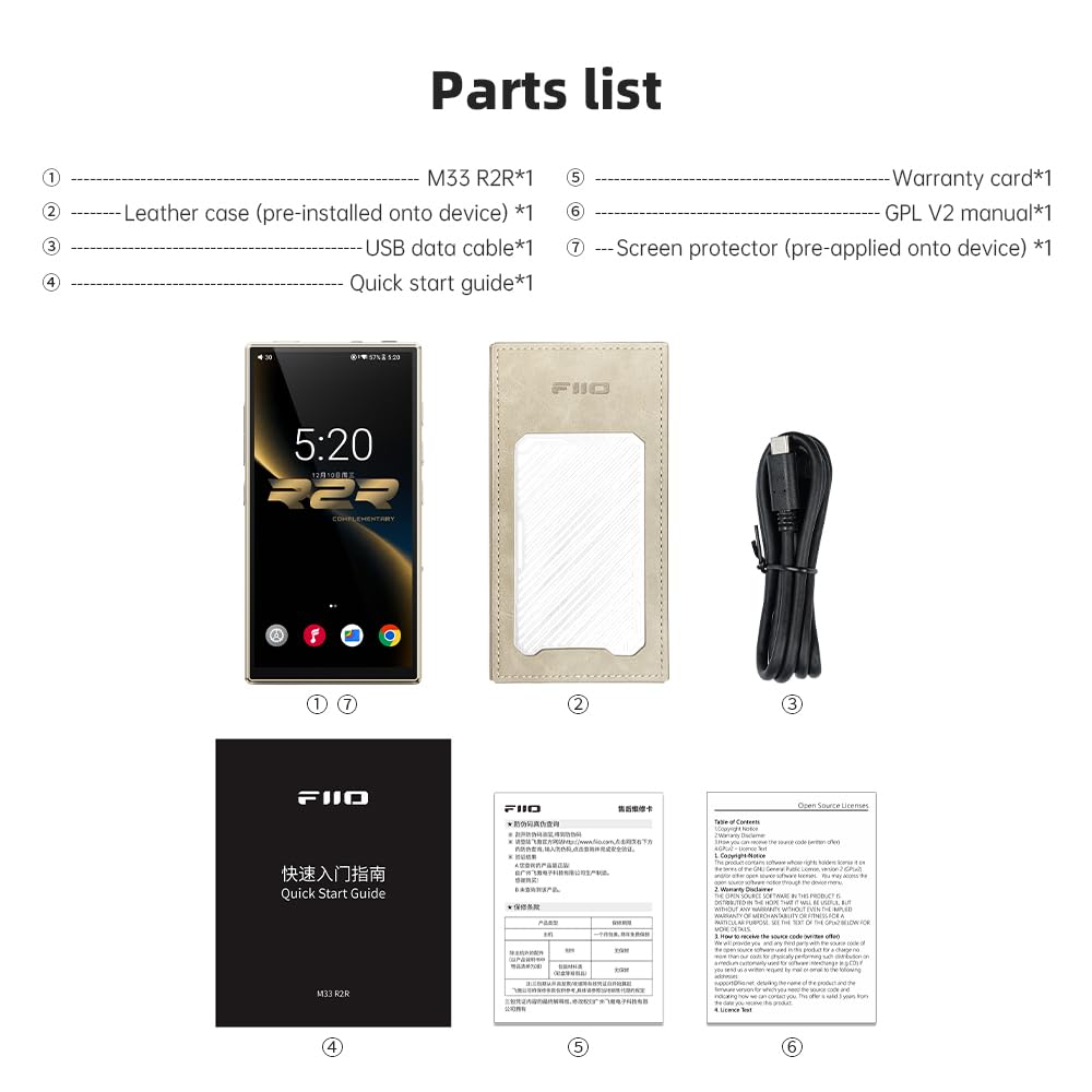 FiiO HiFi tragbarer Musik-Player M33 R2R, Snapdragon 680, 8 GB RAM + 128 GB Speicher, DAC True R2R, USB-Audio XMOS XU316, symmetrische Ausgangsleistung 1100 mW, automatischer Equalizer, Full