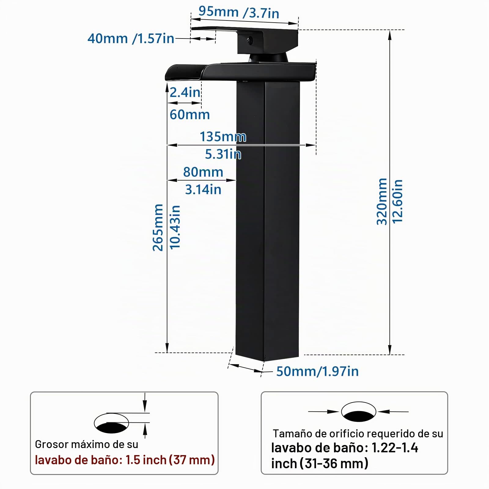 Grifo Lavabo Cascada Negro Alto Grifo de Lavabo, Grifo para Baño de Latón, Monomando Lavabo Mezclador con Altura de Pico de 265 MM, Gran Salida de Agua, Agua Fría y Caliente Disponibles, G 3/8