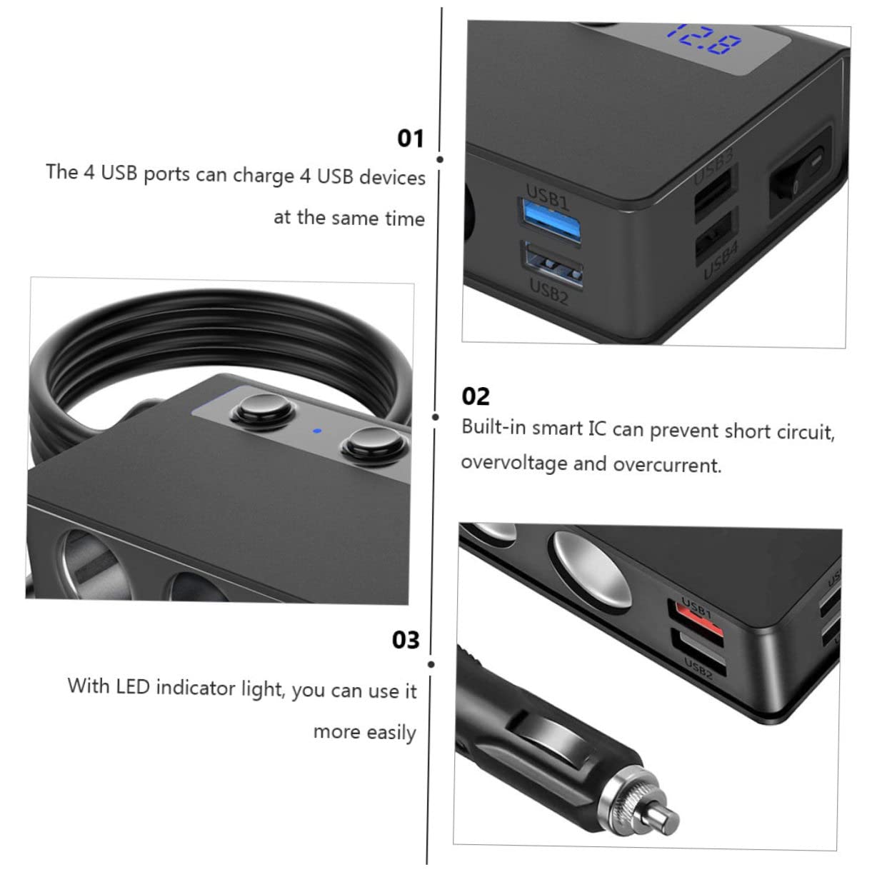 Caricatore per Auto Nero 180w 4 Porte USB e 3 Accendisigari, Ricarica Simultanea e Protezione Corto Circuito, Materiale PC Resistente