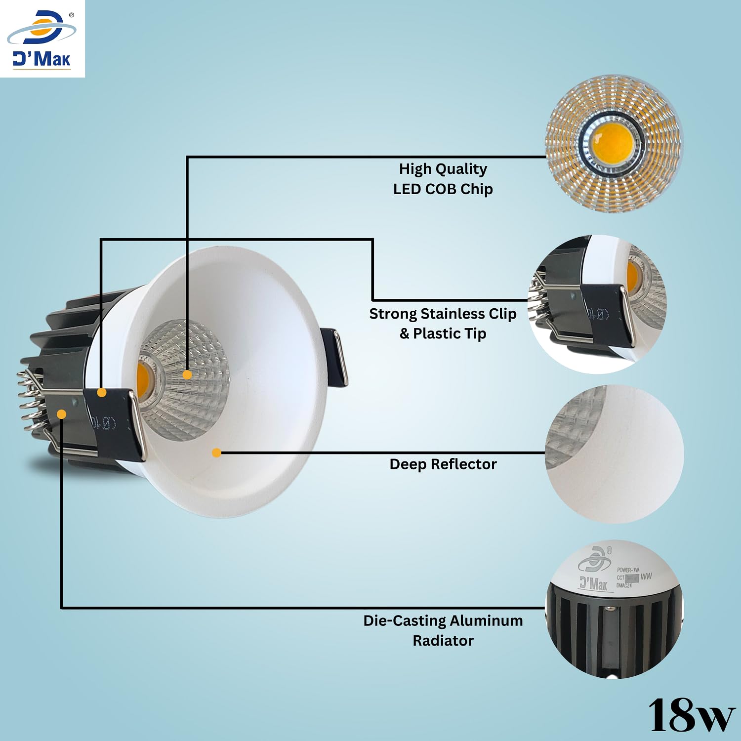 D'Mak 18W White Body LED Deep COB Light | Recessed LED Ceiling Light for Indoor Lighting (3in1, Pack of 8) 2