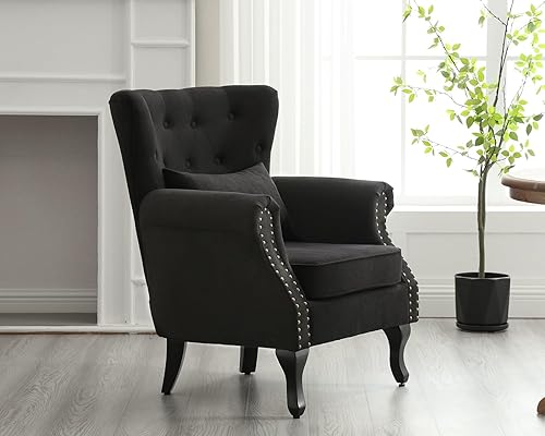 Miniatura 9 de KCC Silla decorativa moderna de mediados de siglo para sala de estar, dormitorio, silla de club tapizada con respaldo copetudo, patas de madera de