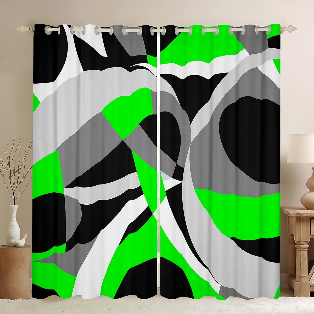 Homemissing Geometric Abstract Darkening Dreapes Green Grey and Black Window Curtains Stripe Swirl Line Art Blackout Curtains Swirl Bedroom Decor Modern Luxury Window Treatments W46*L54 — image 1