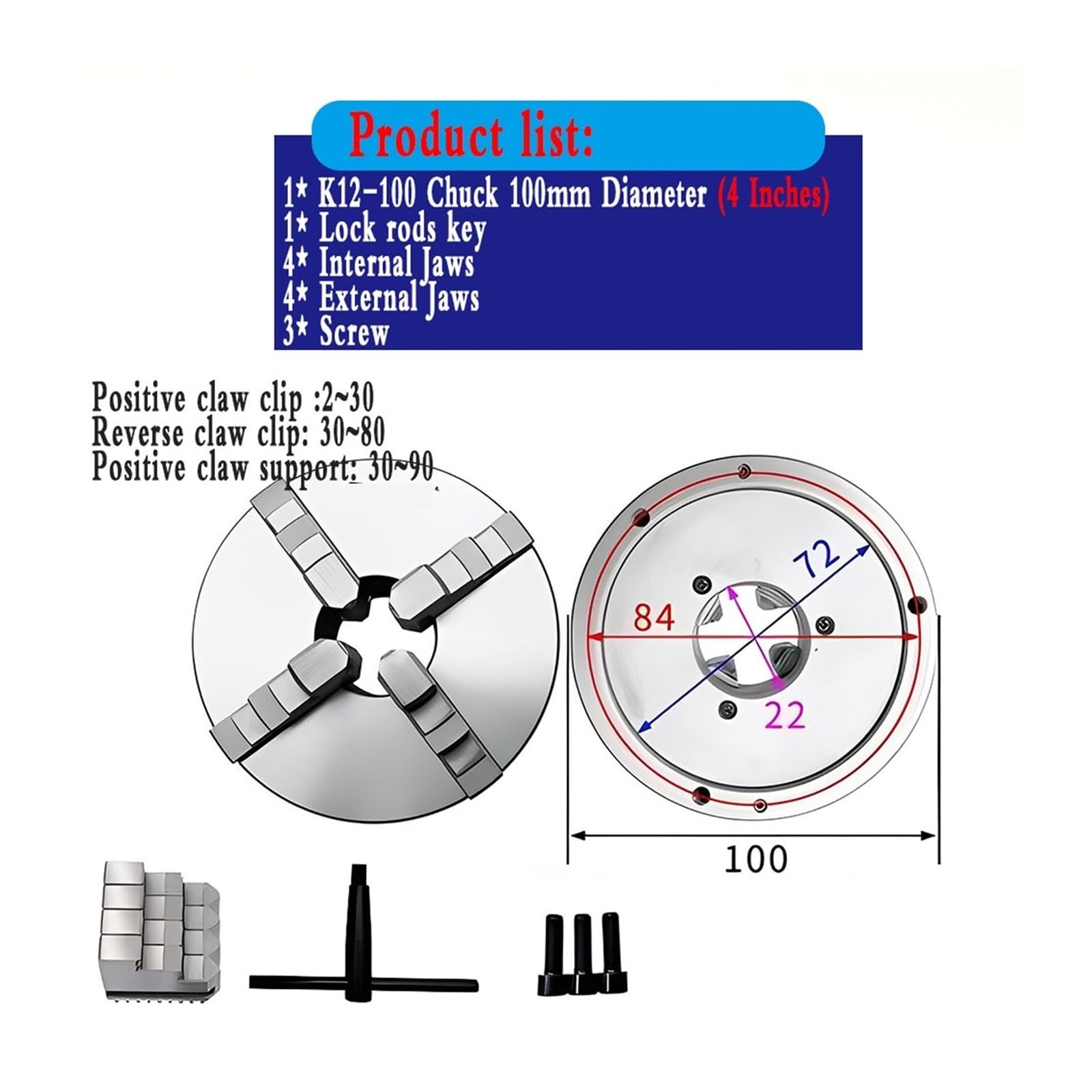 Mandril de torno, Portabrocas de torno autocentrante, garra de 4 mandíbulas, Portabrocas Manual de desplazamiento de Metal SANOU for fresadora de perforación, carga trasera de 80-250mm Para tornos gen