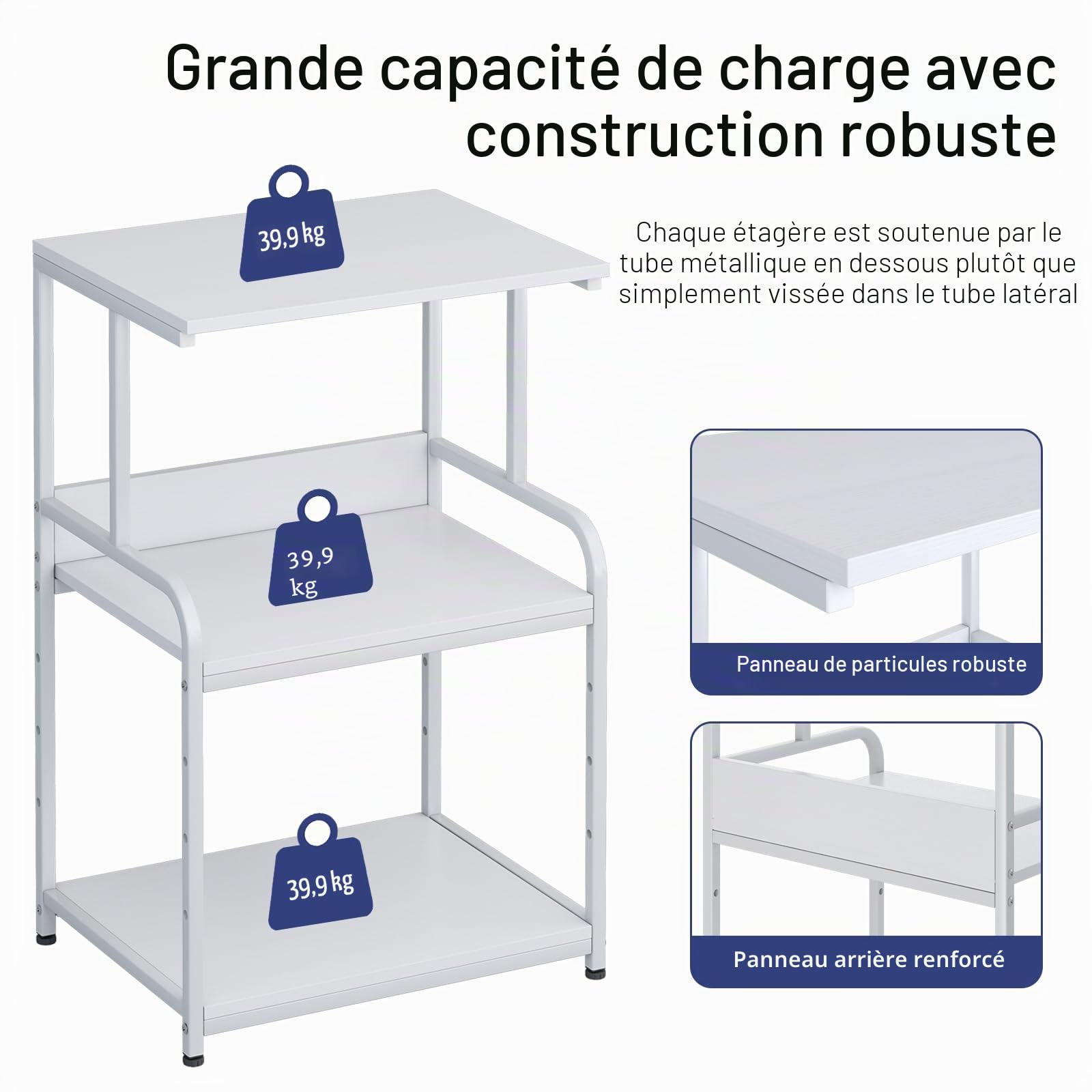 Support d'imprimante 3 étages avec roulettes - Chariot métal - Étagère bureau, maison, école - Armoire fax, photocopieur, scanner (blanc pur)