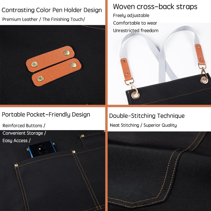 Miniatura 4 de Delantal de cocina para hombres y mujeres, delantal impermeable negro con 4 bolsillos, delantales de cocina de lona ajustables para barbacoa,