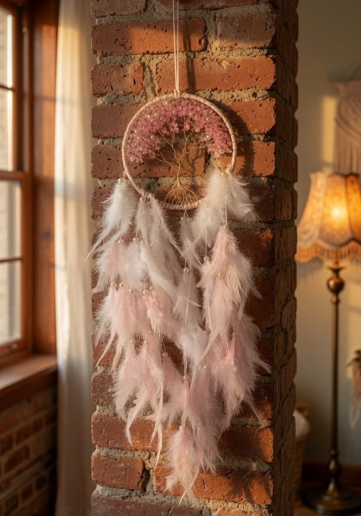 Paradigm Pictures Dreamcatcher with Tree of Life (Rose Quartz Crystal Tree), Feather Wall Hanging for Bedroom, Living Room, Office and Balcony Decor, Boho Dreamcatcher for Home Decor.-image-41