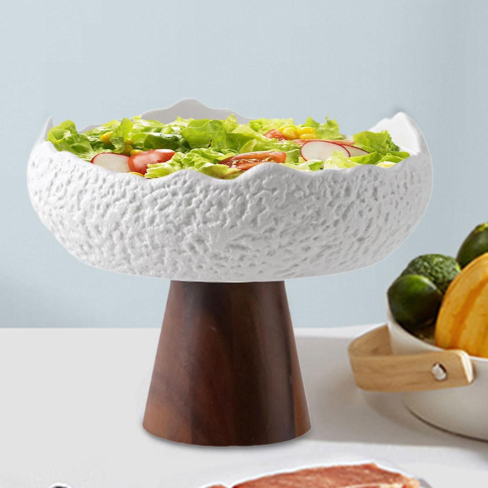 Colcolo Placa de Ensalada de cerámica Plato Aperitivo Irregular Elegante Elegante servición Japonesa tazón Base de Madera para la Cocina de Restaurante, Blanco
