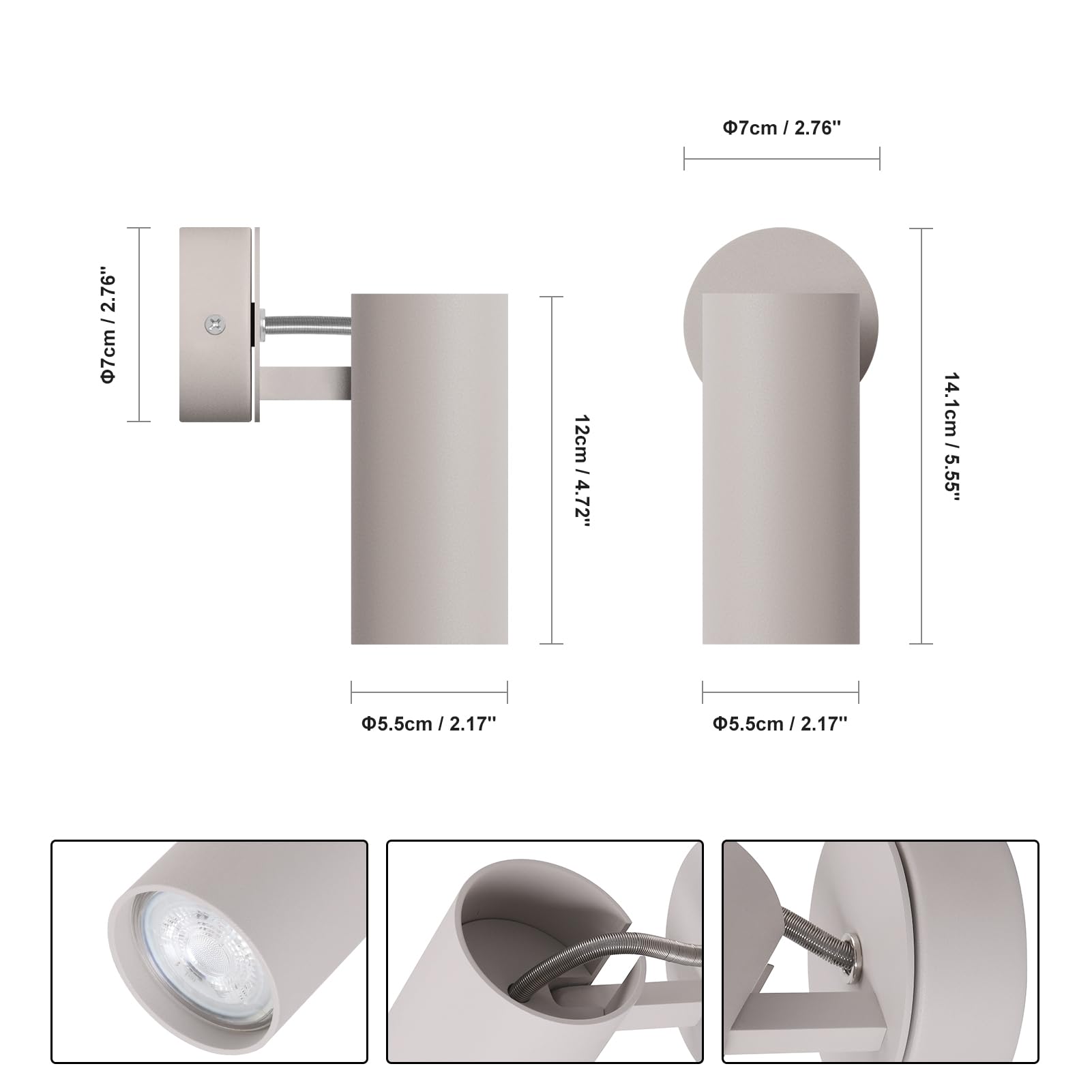 DAWALIGHT Plafoniera LED Faretti GU10 5W 3000K Bianco caldo Faretto Orientabile da Parete Luci da Soffitto per Interni Cameretta Soggiorno Camera da Letto, Grigio sabbioso, Alluminio