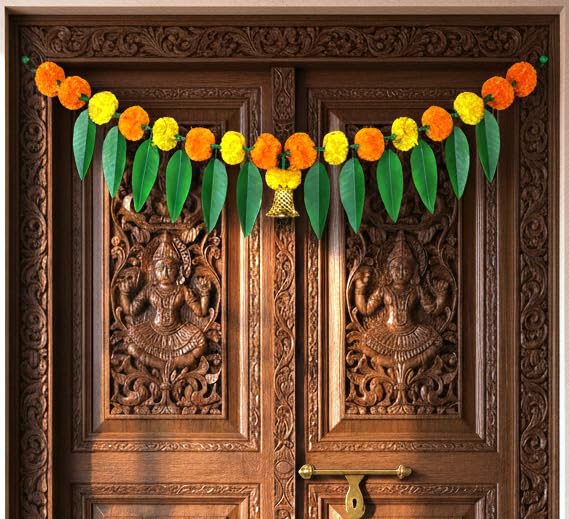 iHandikart Handmade (38×8 Inch) Marigold Aam Patta Toran with Bell Traditional Door Hanging for Makar Sankranti, Lohri, Pooja & Housewarming Floral Bandanwar for Home Entrance Decor (RK-31381-1)