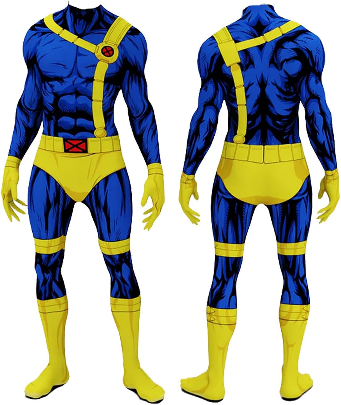 Cyclops Costume Adult Men Printed Jumpsuit with Glasses Superhero Scott Summers Cosplay Bodysuit for Halloween