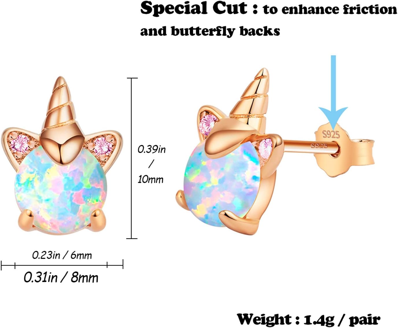 Unicorn Earrings for Girls, Hypoallergenic S925 Sterling Silver Earrings for Kids ARSKRO Small Tiny Cute Fire Opal Stud Earrings Jewelry Gifts for Sensitive Ears Little Toddlers Teen Girl - Image 6