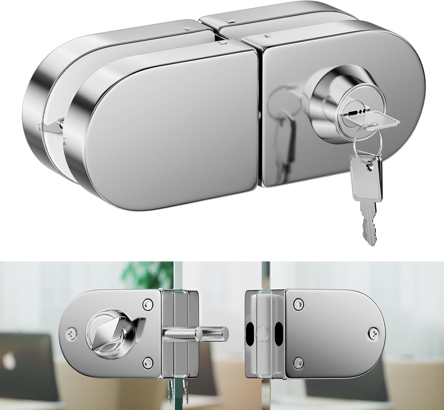 Ranbo Frameless Double-Sided Glass Door Lock, No-Drill, 304 Stainless Steel, Key Lock, Silver, Glass Door Lock, Suitable for 10mm-12mm Thick Glass Doors, Includes 3 Keys, Polished Chrome Finish