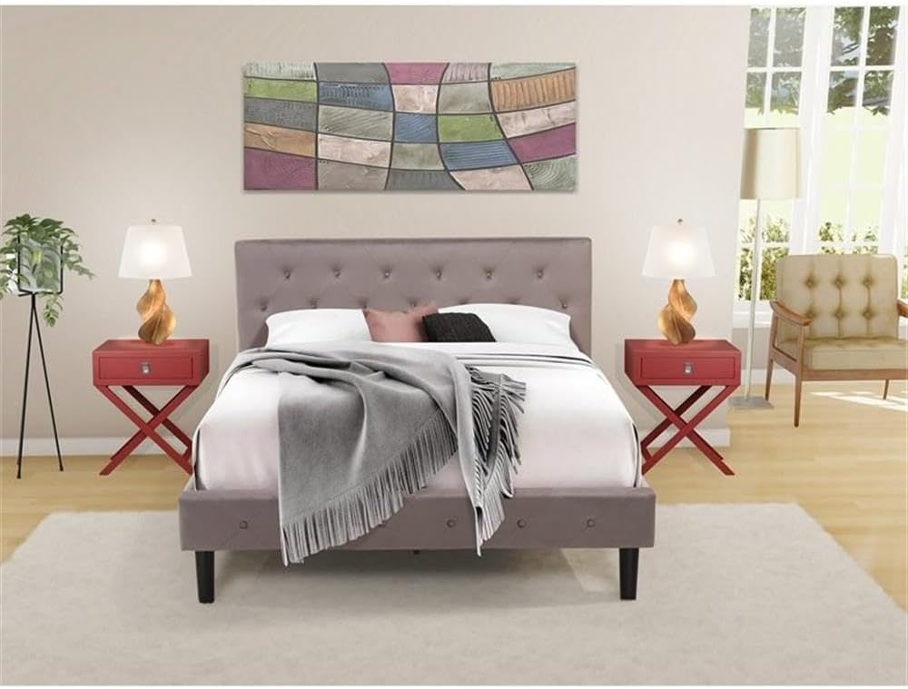 East West Furniture NL14Q-2HA13 3 Pc Bed Set - Button Tufted Queen Frame - Brown Taupe Velvet Fabric Upholstered Headboard and a Burgundy Finish Nightstand