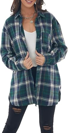 NUOREEL Women's Flannel Plaid Shirt, Boyfriend Fit Long Sleeve Button Down Casual Blouse with Pocket