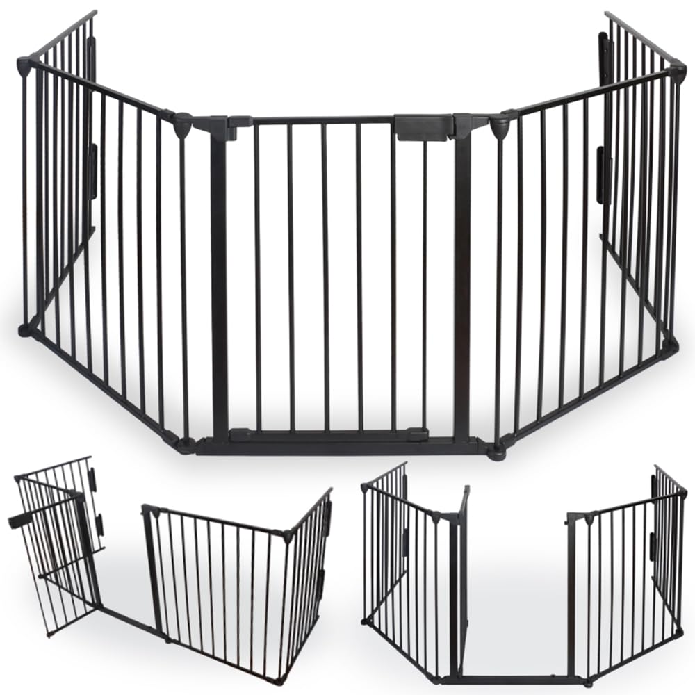 FACILITYS - Barrière de Sécurité Enfant - Grille Protection Cheminée Enfant Pliable - Grand Format en Métal de 300 cm - 1 Porte et 5 Panneaux Préassemblés - Barrière Poêle à Bois et Escalier