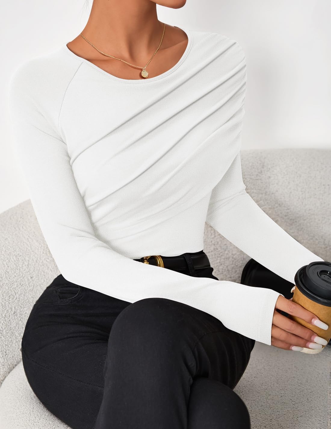 ZESICA Women's Fall Long Sleeve Tops 2026 Casual Crewneck Ruched Shirts Slim Fit Going Out Y2K Blouses - Image 3