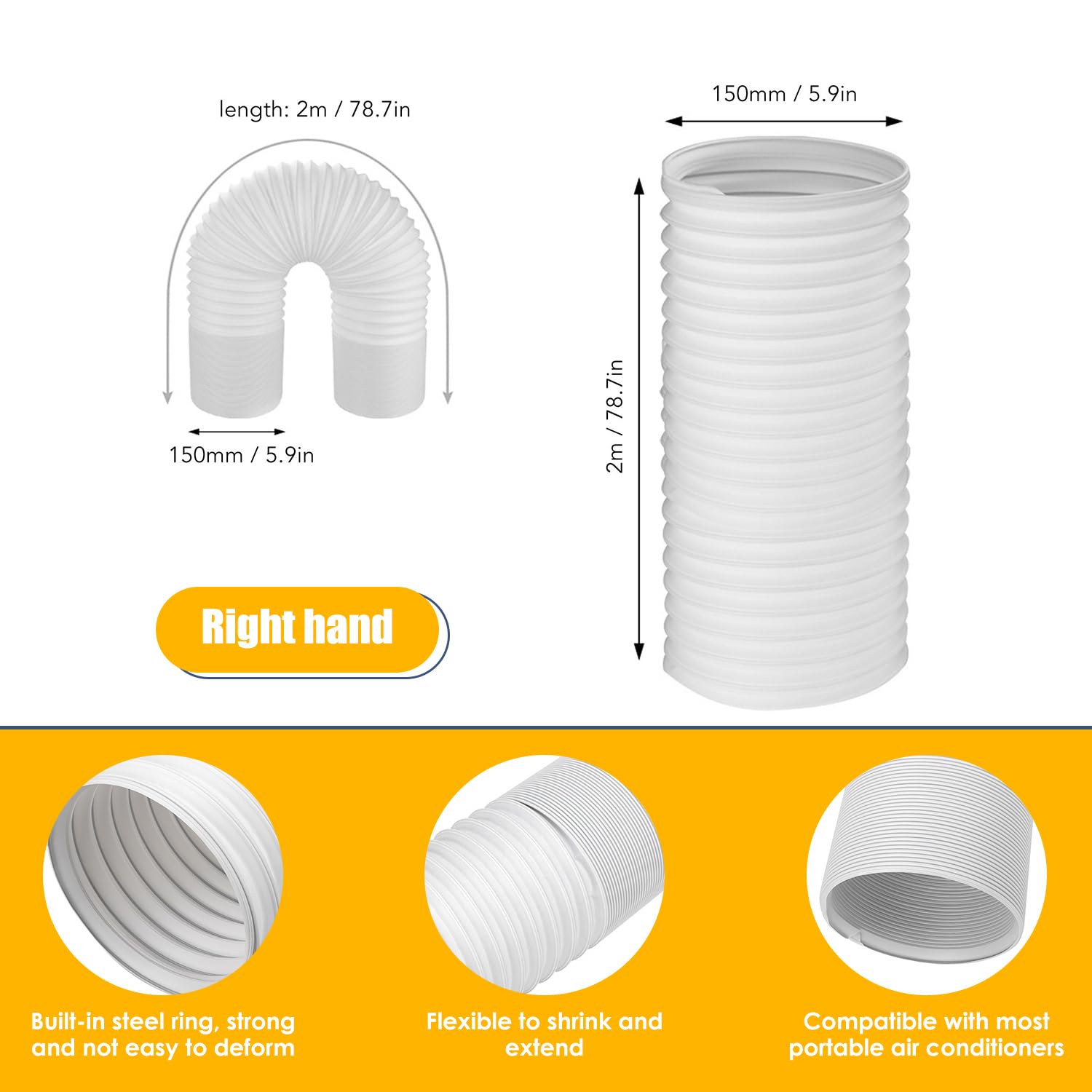 Tissting Tubo di prolunga per aria condizionata, 2 m, tubo di scarico, 150 mm, tubo corrugato in acciaio PP, bianco, 3 mm di spessore, accessori di riparazione per aria condizionata, cappa aspirante