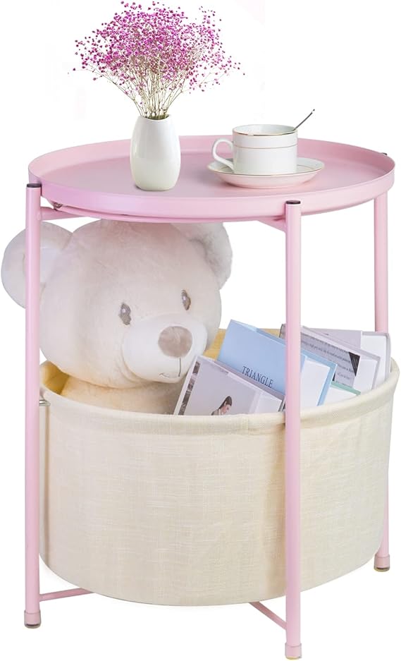 SEBORIO Round End Tables with Storage Basket, Metal Side Table Nightstand Small