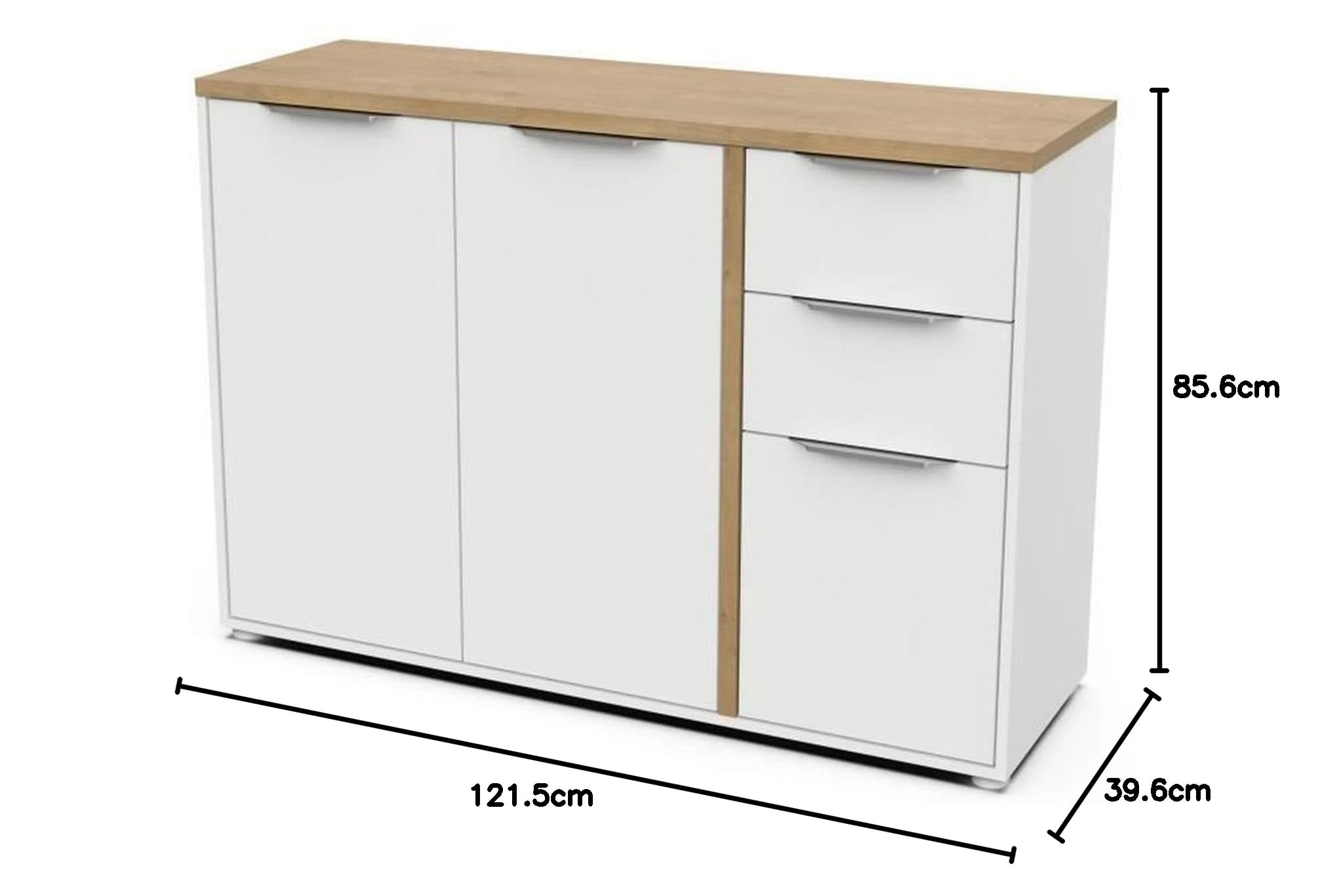 Buffet Moderne 3 Portes & 2 Tiroirs – Style Scandinave – Coloris Blanc Mat & Chêne Hamilton - 121,5 x 39,6 x 85,6 cm