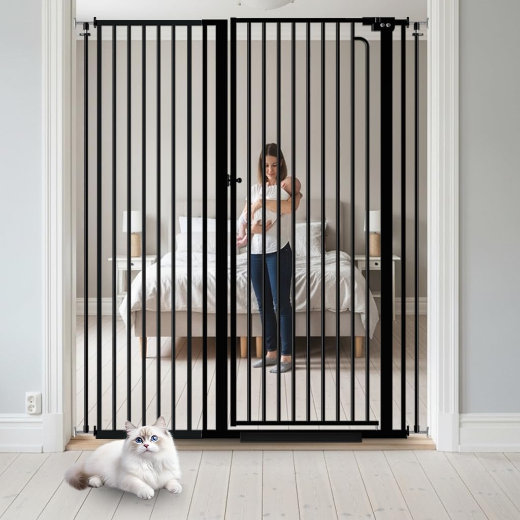 57" Extra Tall Cat Gate for Doorways 43.31'' - 48.03'' Wide Pet Gate Indoor, Pressure Mounted Walk Through Safety Metal Gates for Stairs, Extra Wide Baby Gaye for Child Kids Puppy Dogs Cats (Black)