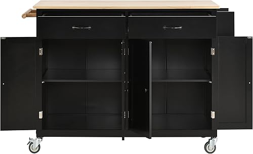 Miniatura 7 de CITYLIGHT Carrito de isla de cocina con parte superior de madera maciza y ruedas de bloqueo, carrito de cocina con armario de 4 puertas, 2 cajones