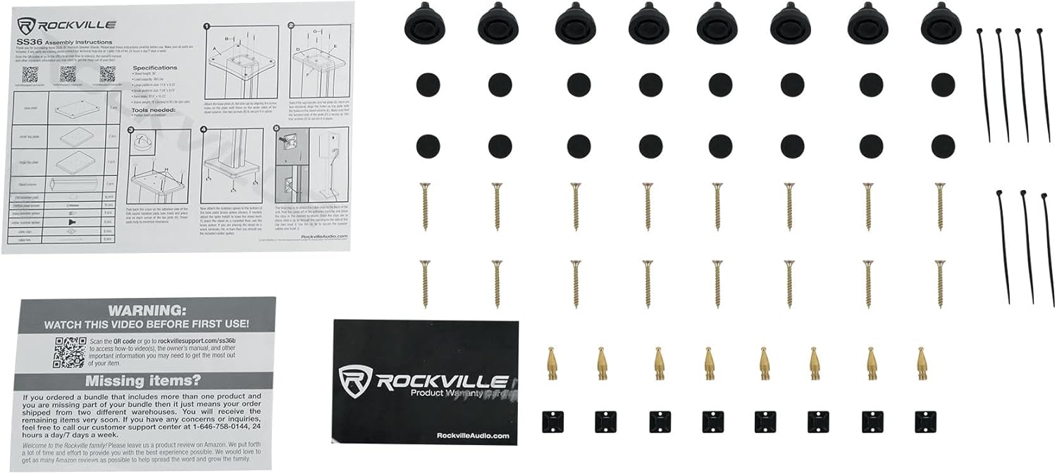 Rockville SS36B Pair Premium 36" Home Speaker Stands, 100Lbs Capacity, Black Wood Grain, Dual Top Platforms, Brass and Rubber Spikes, Isolation Pads, for Bookshelf and Surround Sound Speakers