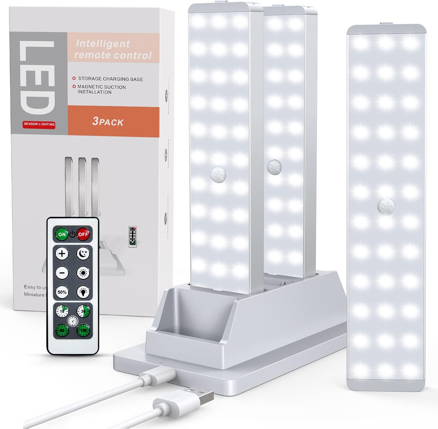 Closet Lights with Charging Station, 36-LEDs Cabinet Rechargeable Dimmable Timing, Motion Sensor Indoor Kitchen Cupboard for Stairs Hallway Bedroom Drawer (3pcs)